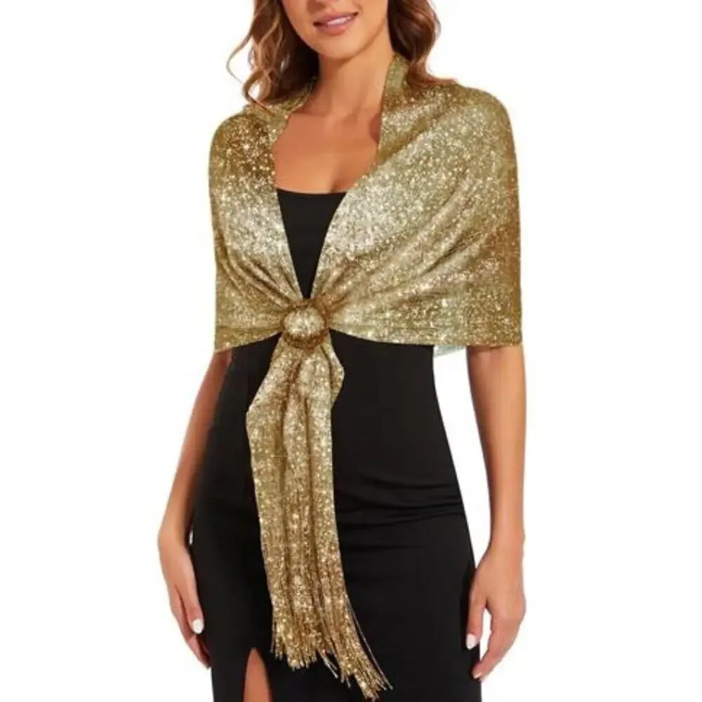 Gold Sparkling Metallic Shawls and Wraps with Buckle, for Evening Dresses Party